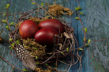 Easter eggs in a small nest made of branches and moss on a wooden background, rustic styleの写真素材