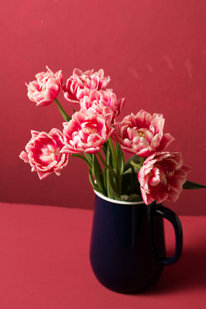 Beautiful pink terry tulips in a metal vintage blue jug on a pink background