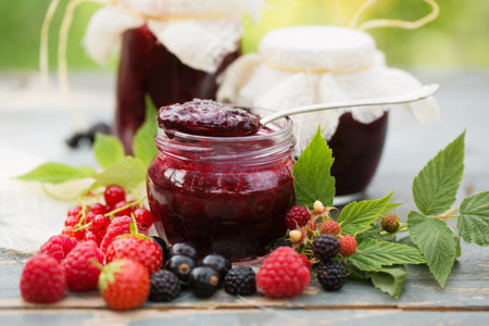 Delicious berry jam in a jar in the summer garden