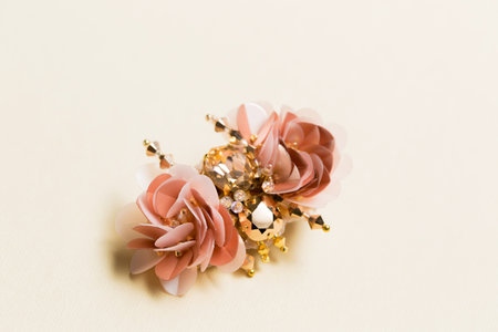 Decorative handmade brooch in the shape of a beetle on a beige backgroundの写真素材