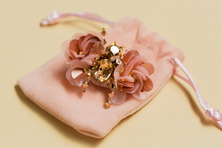 Decorative handmade brooch in the shape of a beetle on a plush bag on a beige backgroundの写真素材
