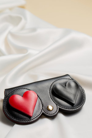 A case for glasses made of leather decorated with hearts on a white backgroundの写真素材