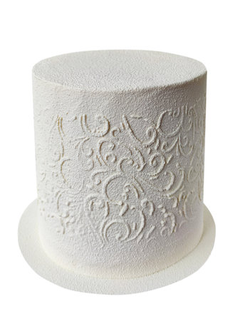 White cake with lace decorated with a spray gun in the velor technique, isolated on a white backgroundの写真素材