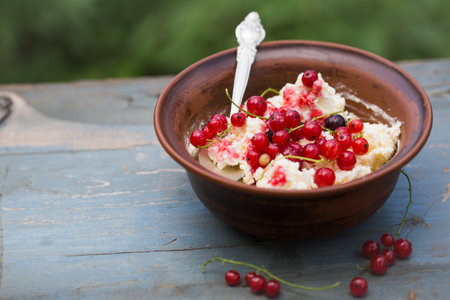 Summer breakfast of homemade cottage cheese and red current berries in the gardenの写真素材