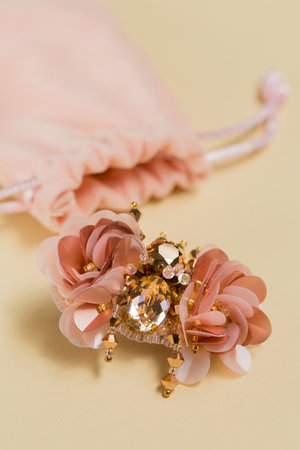 Decorative handmade brooch in the shape of a beetle on a plush bag on a beige backgroundの写真素材