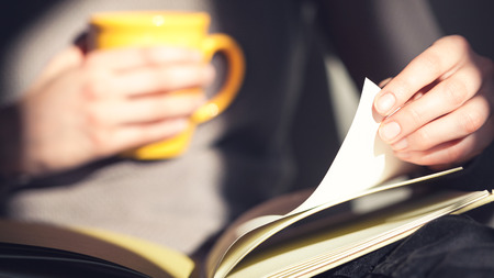 Close-up of female hands holding open book. Woman reading book.の写真素材