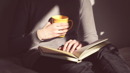 Close-up of female hands holding open book. Woman reading book.
