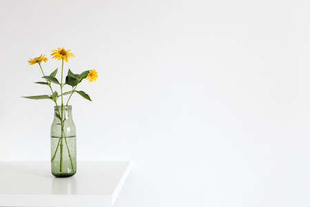 Yellow bouquet of flowers in green bottle against white wall copy space.の写真素材