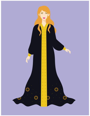beautiful woman in a long black Caftan dress. Vector illustration in flat styleのイラスト素材