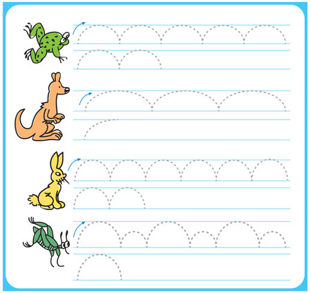 Handwriting practice sheet. Cartoon illustration of writing practice sheet for kidsのイラスト素材