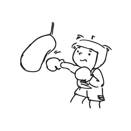 hand drawing cartoon character of boxer with boxing gloves and punching bag. Vector illustration.のイラスト素材