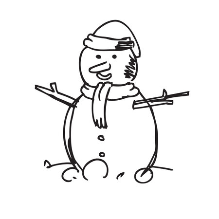 snowman in a hat and scarf, vector Hand drawn illustration, doodleのイラスト素材