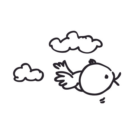 Cute doodle flying bird in the clouds. Vector illustration.のイラスト素材