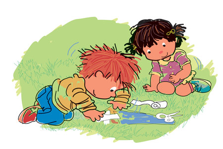 Children playing on the grass. Vector illustration of children playing outdoors.のイラスト素材