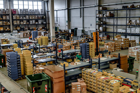 Interior of a warehouse with shelves and rows of boxes and containersの写真素材