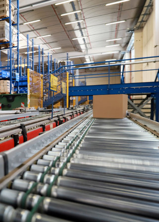 Production line of a modern warehouse. Conveyor belt with boxes.の写真素材