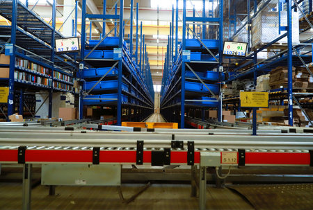 Interior of a warehouse with rows of shelves and racks. Industrial backgroundの写真素材
