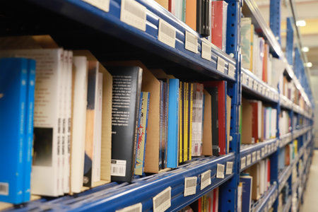 warehouse - Bookshelf with books in a public library, shallow depth of fieldの写真素材