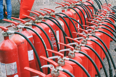 Fire extinguishers for extinguishing fires in the city. Firefighting equipment.の写真素材