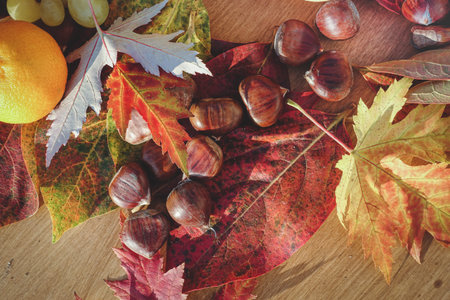 Autumn still life with chestnuts, grapes and leaves on wooden background