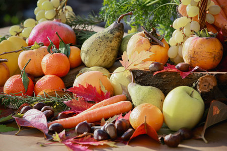 Autumn still life with fruits and vegetables. Selective focus.