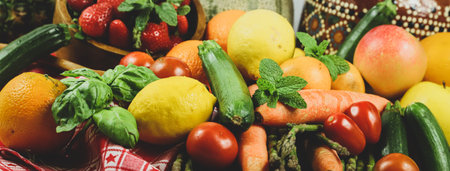 Variety of fresh organic vegetables and fruits as a healthy food backgroundの写真素材