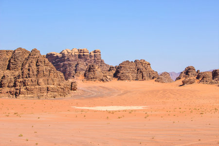 Wadi Rum desert in Jordan. Wadi Rum is one of the most visited tourist sites in the world.の写真素材
