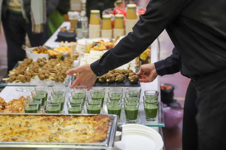 Bowls of delicious and healthy fruit and vegetable juices in a restaurant