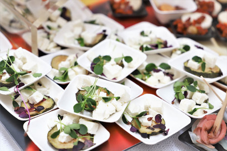 catering food for wedding party, canape with meat and vegetables