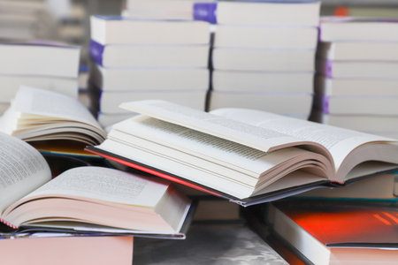 Books on shelf in library, education and learning concept. Selective focus.の写真素材