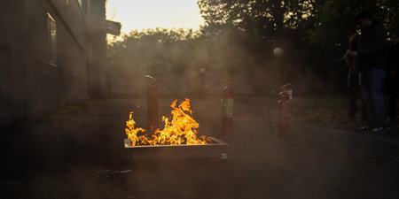 Fire extinguisher in the middle of the road. Firefighting concept