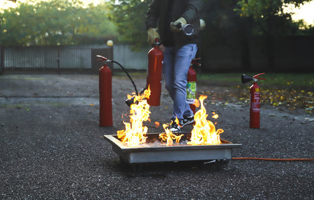 safety - exercise during a firefighting courseの写真素材