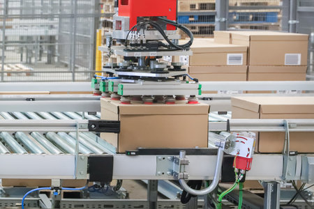 Robotic arm working on a conveyor belt in a factory.の写真素材