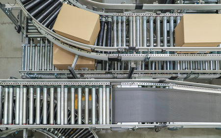 Conveyor belt with cardboard boxes in a factory, closeup of photoの写真素材