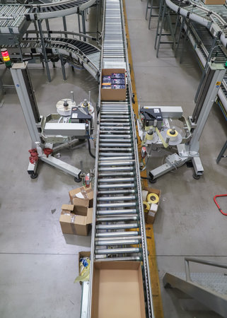 A conveyor belt in a factory for the production of products