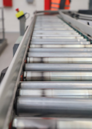 Close-up of a conveyor belt in a production line.の写真素材