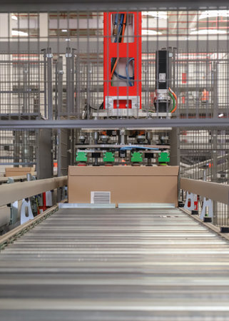 packing line in a logistics warehouse. conveyor belt in a modern production line
