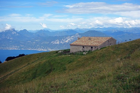 Cabin on Monte Baldo in front of Lake Garda, Italyの写真素材