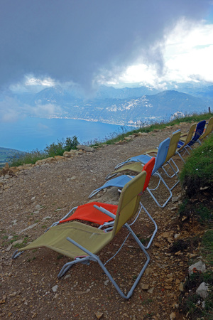 Row of deck chairs on Monte Baldo, Italyの写真素材