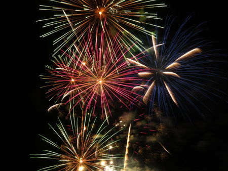 Fireworks, explosions, noise, colored lights, party, joy, show
