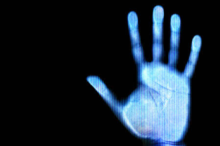 Blue scanned hand - future and internet protection conceptの素材 [FY3101423912]