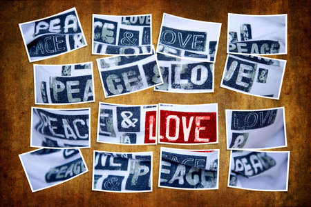 group of photo frames displaced over a grunge background - enfasis on love wordの写真素材