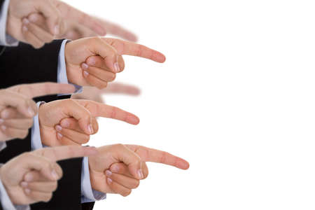 multiple hands pointing isolated on white backgroundの写真素材