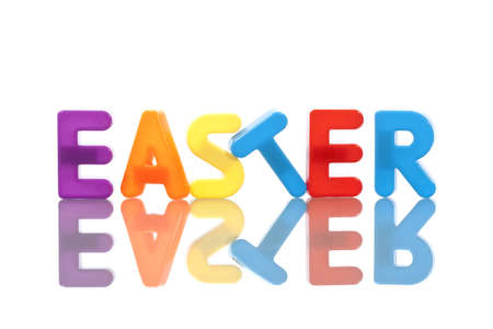 Easter word made with plastic letters isolated on white backgroundの写真素材