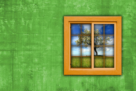 window with spring landscape view - landscape orientationの写真素材