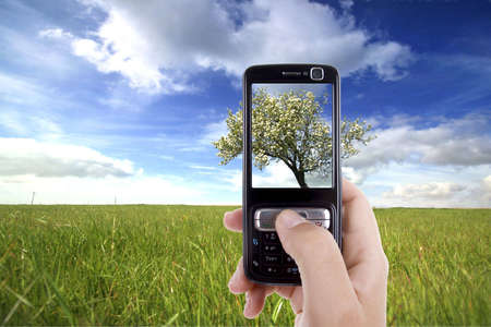 woman taking photo with mobile cell phone - landscape orientationの写真素材