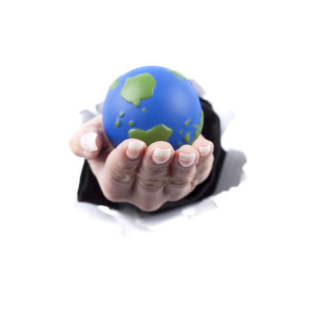 woman hand holding planet earth globe - white backgroundの写真素材