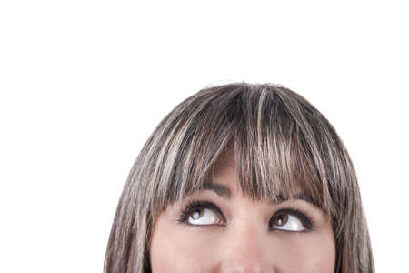 businesswoman half face with eyes looking up - isolated on white backgroundの写真素材