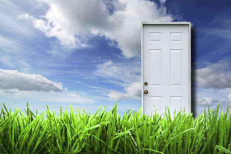 White door isolated in spring landscapeの写真素材