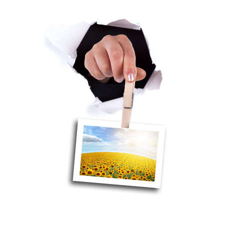 woman hands holding clip thru white wall holeの写真素材